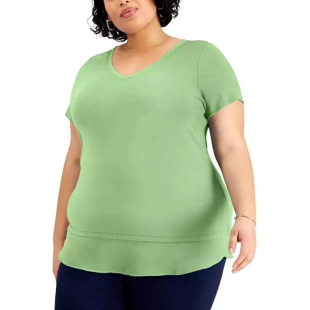 JM Collection Women's Plus Size 1X Layered-Hem T-Shirt in Lime PM146AFA